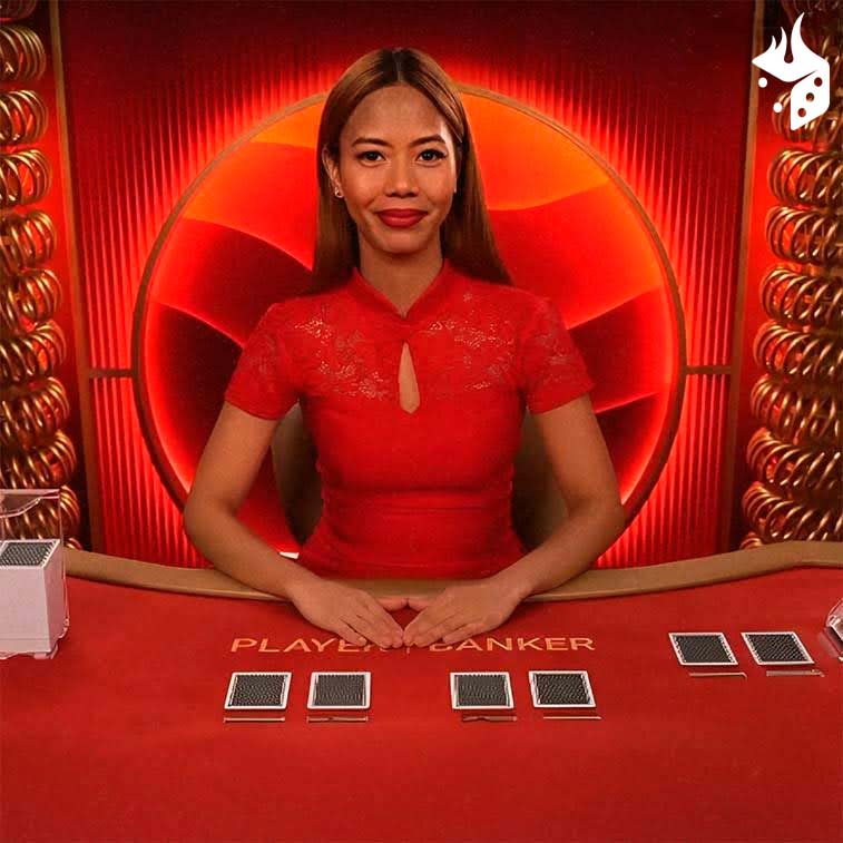 cassino dealer baccarat Dealer ao vivo em fundo todo vermelho e cartas do baralho sobre a mesa