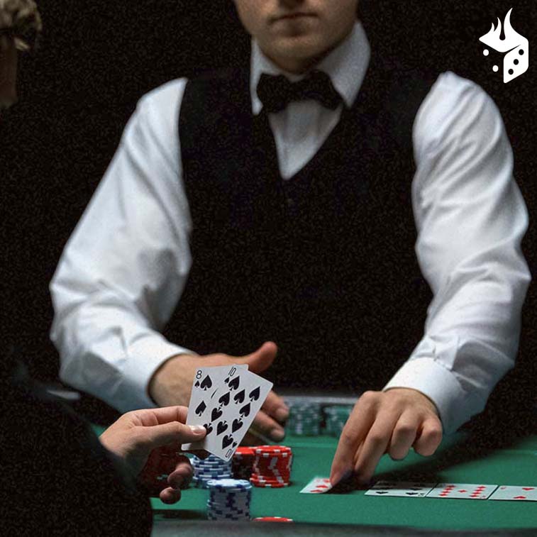 poker tem dealer Pessoa com uma mão de duas cartas e Dealer colocando cartas comunitárias.