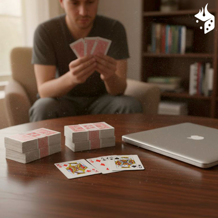 jugar poker ignition Jugador con sus cartas de baraja sobre la mesa