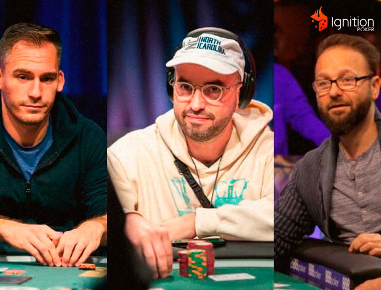 gigantes poker mtt Justin Bonomo, Bryn Kenney e Daniel Negreanu disputando em partidas de poker.