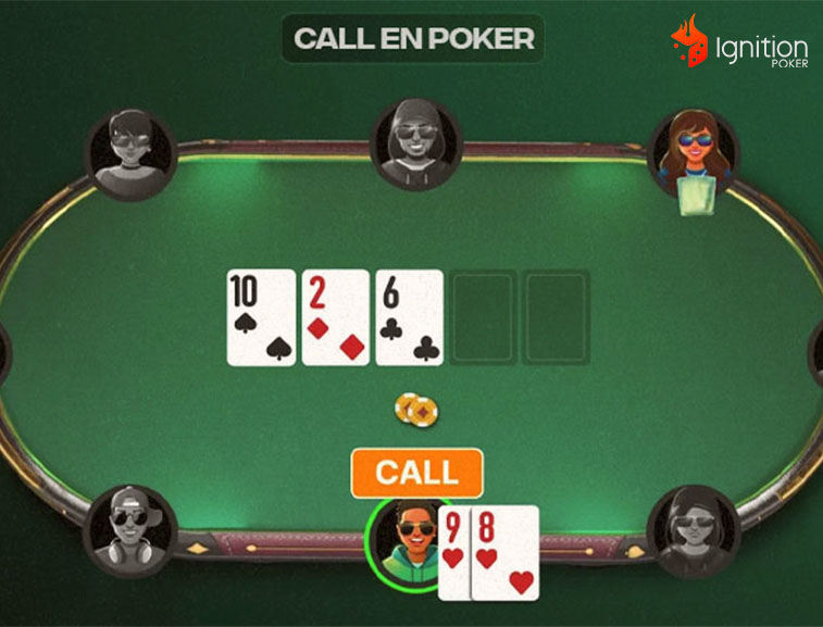 call en poker Ilustración de una mesa de poker online con personajes jugando
