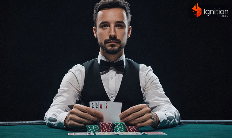 dealer poker cartas Dealer segurando cartas com quadra de ás