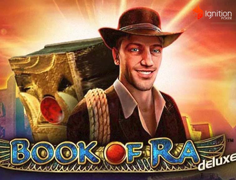 book ra slot gráfica con arqueólogo en frente de pirámides y logo de Book of Ra