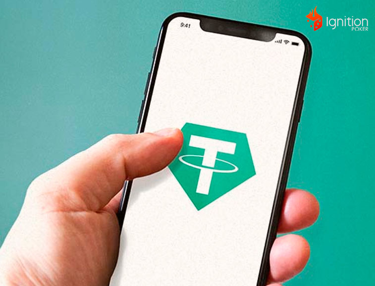 cripto tether movil Mano segura móvil con logo de Tether en la pantalla