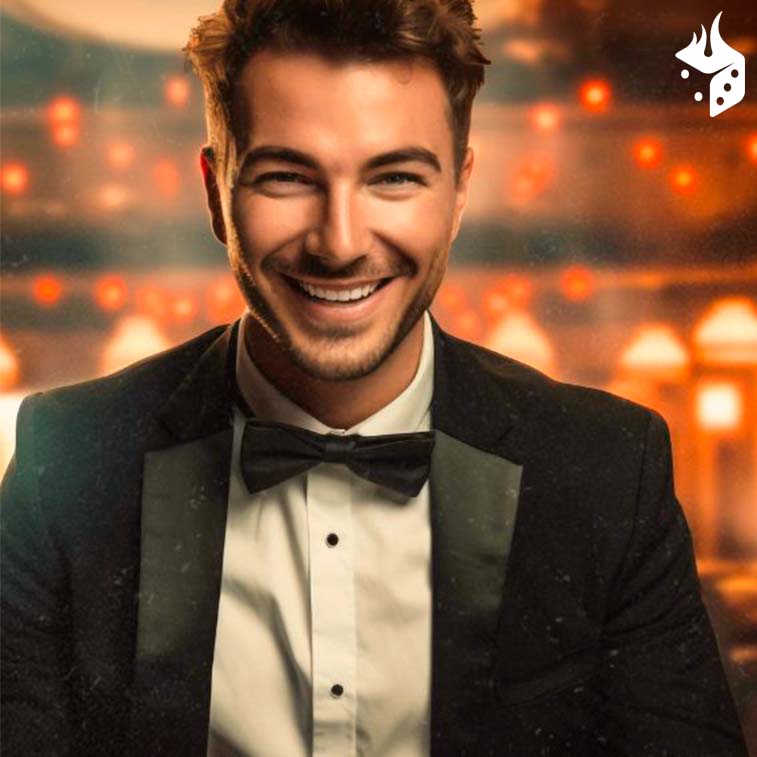 dealer poker online hombre vestido de traje en casino