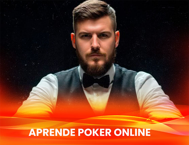 Jugar poker online Dealer de poker mirando con seriedad en un ambiente con fondo negro