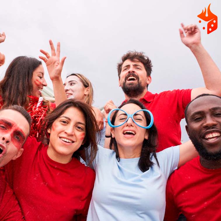 hichas ropa roja Hinchas de fútbol celebrando gol