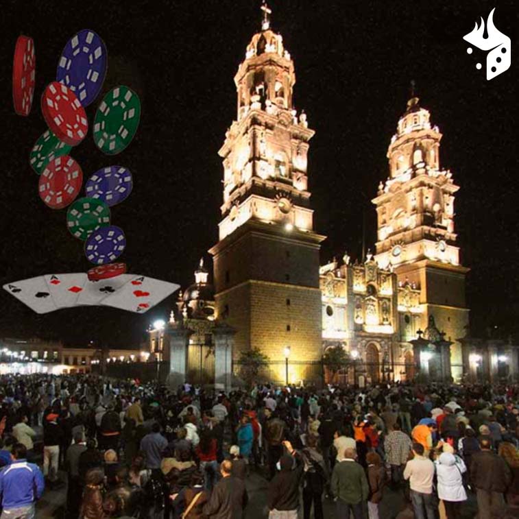 iglesia morelia Iglesia de Morelia al fondo con la población alrededor y fichas de poker en background