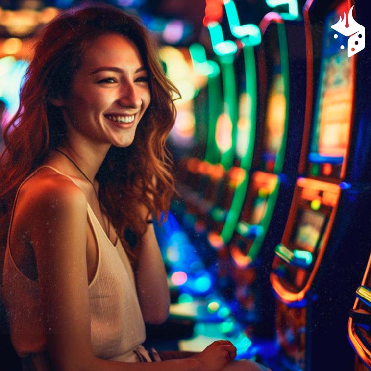 jugar tragamonedas casino 1 Mujer sonriendo frente a máquinas tragamonedas en un casino