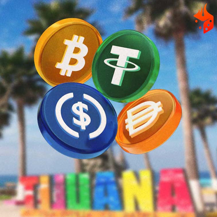 tijuana casino crypto 1 Punto turístico de Tijuana al fondo con criptomonedas cayendo