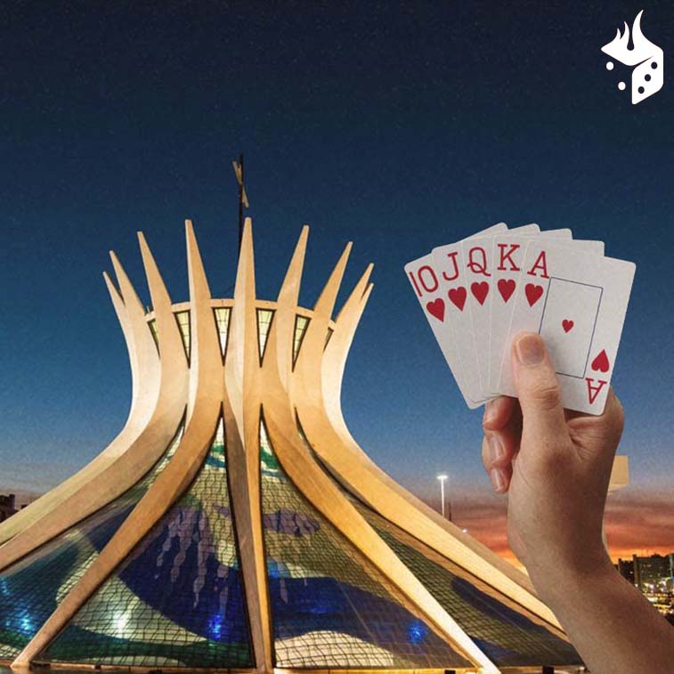 poker em brasilia Imagem da Catedral Metropolitana de Brasília ao lado de uma mão segurando cartas de poker
