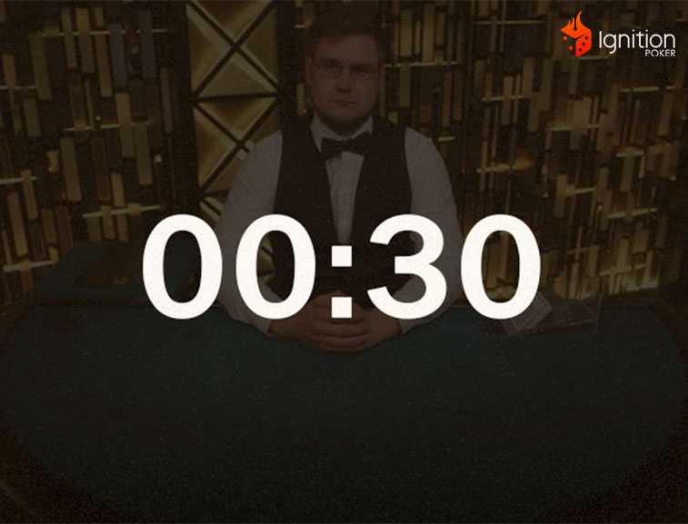 vantagens action clock cronômetro marcando 30 segundos na tela e ao fundo, um dealer esperando