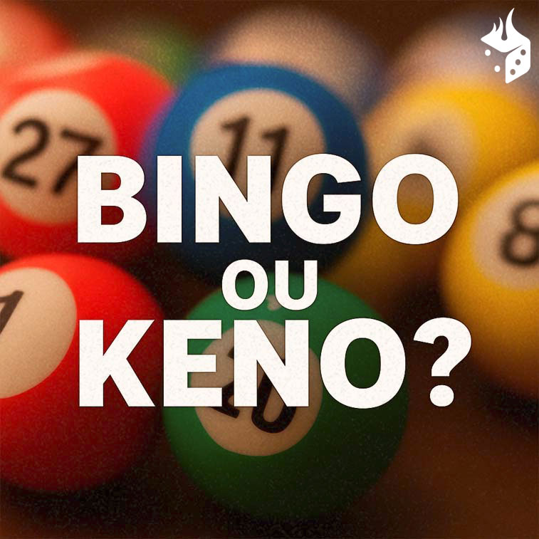 bingo ou keno Imagem escrita “Bingo ou Keno?” e ao fundo bolas do jogo como background
